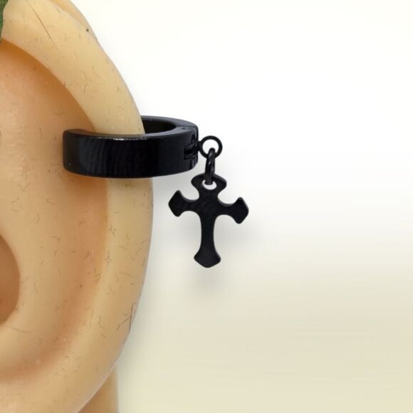 Men's Stainless Steel Cross Huggie Hoop Earring Black Dangle Clip On Jewelry NEW - Picture 4 of 5